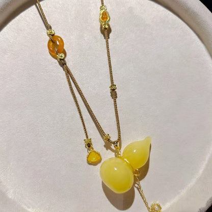 Mulstio Wu Lou Gourd Energy Necklace Honey Amber Tone Empowerment Jewelry