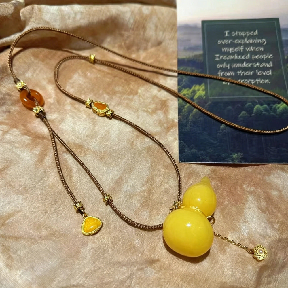 Mulstio Wu Lou Gourd Energy Necklace Honey Amber Tone Empowerment Jewelry