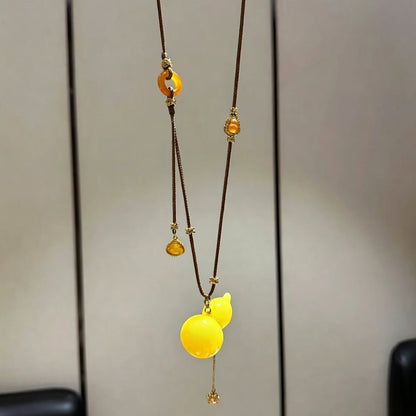 Mulstio Wu Lou Gourd Energy Necklace Honey Amber Tone Empowerment Jewelry