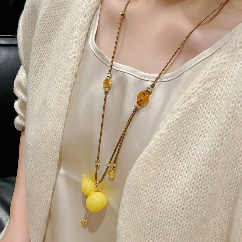 Mulstio Wu Lou Gourd Energy Necklace Honey Amber Tone Empowerment Jewelry