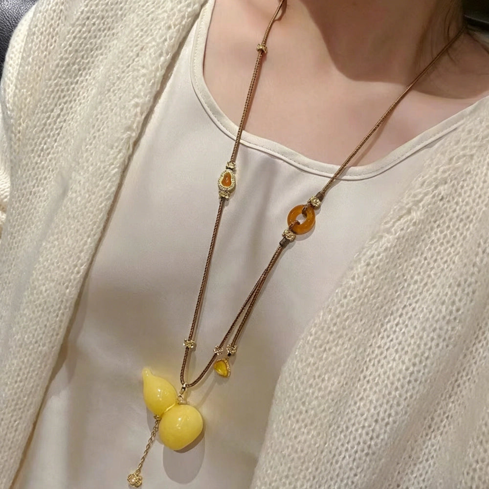 Mulstio Wu Lou Gourd Energy Necklace Honey Amber Tone Empowerment Jewelry