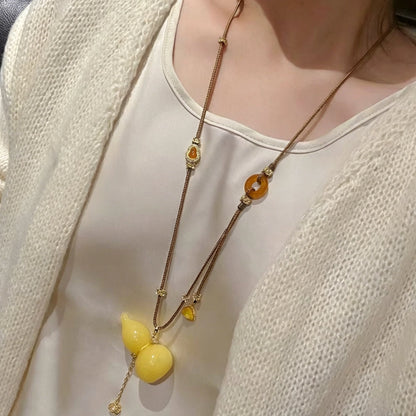 Mulstio Wu Lou Gourd Energy Necklace Honey Amber Tone Empowerment Jewelry