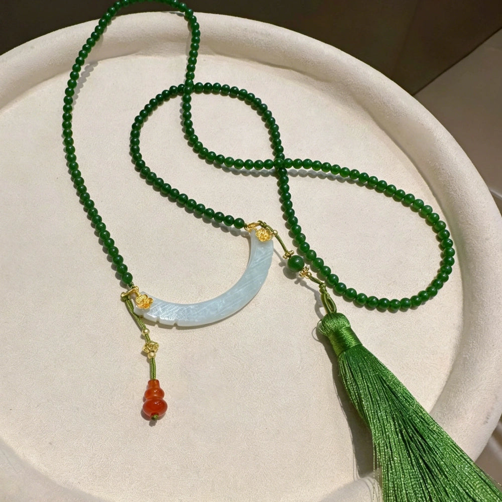 Mulstio Oriental Zen Jade Crescent Necklace Empowering Modern Women Red Agate Tassel Statement Piece
