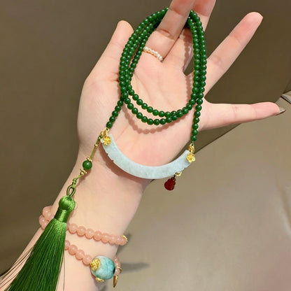 Mulstio Oriental Zen Jade Crescent Necklace Empowering Modern Women Red Agate Tassel Statement Piece