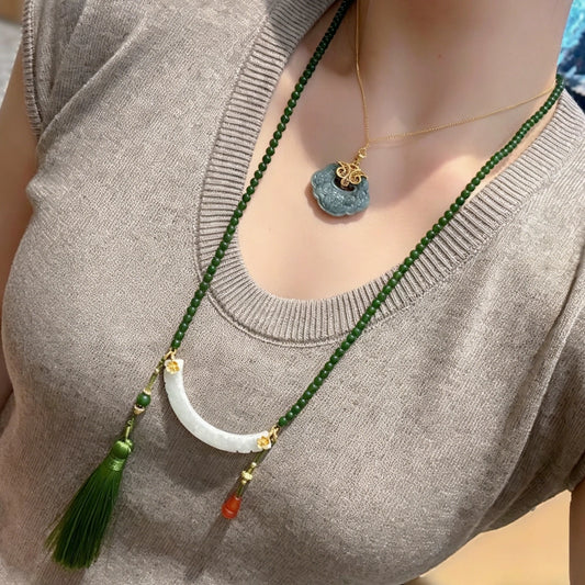 Mulstio Oriental Zen Jade Crescent Necklace Empowering Modern Women Red Agate Tassel Statement Piece