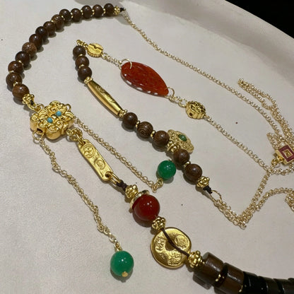 Mulstio Vintage Oriental Sandalwood and Red Jadeite Empowering Long Sweater Necklace with Cloisonné Accents