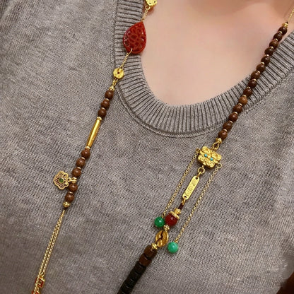Mulstio Vintage Oriental Sandalwood and Red Jadeite Empowering Long Sweater Necklace with Cloisonné Accents