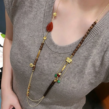 Mulstio Vintage Oriental Sandalwood and Red Jadeite Empowering Long Sweater Necklace with Cloisonné Accents