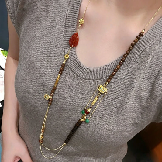 Mulstio Vintage Oriental Sandalwood and Red Jadeite Empowering Long Sweater Necklace with Cloisonné Accents