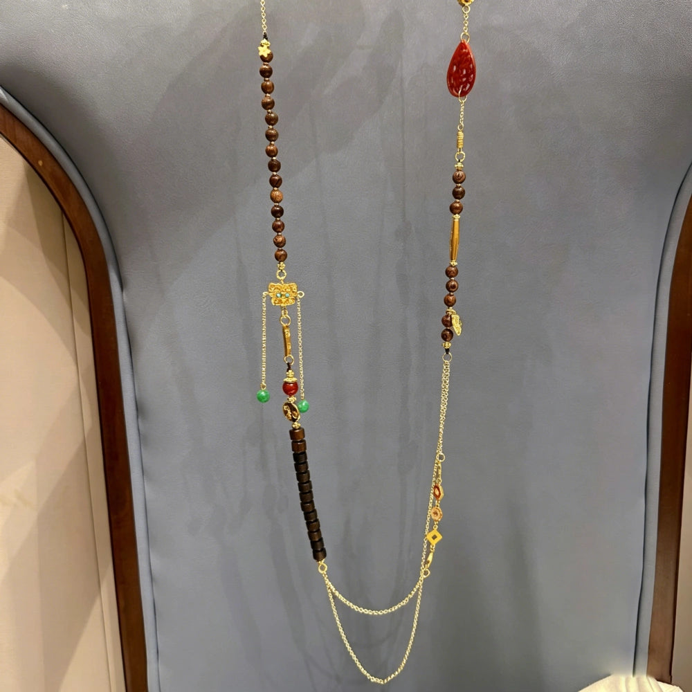 Mulstio Vintage Oriental Sandalwood and Red Jadeite Empowering Long Sweater Necklace with Cloisonné Accents