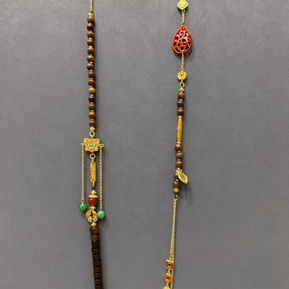 Mulstio Vintage Oriental Sandalwood and Red Jadeite Empowering Long Sweater Necklace with Cloisonné Accents