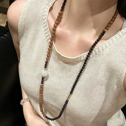 Mulstio Modern Zen Sandalwood Long Necklace Caramel Agate Empowerment Mala Beads
