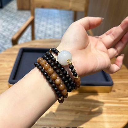 Mulstio Modern Zen Sandalwood Long Necklace Caramel Agate Empowerment Mala Beads