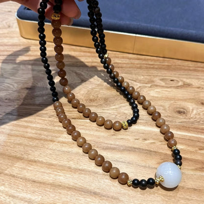 Mulstio Modern Zen Sandalwood Long Necklace Caramel Agate Empowerment Mala Beads