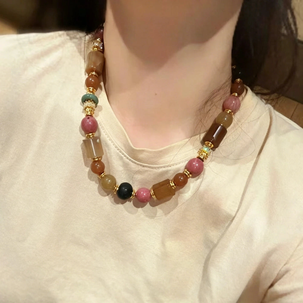 Vintage Agate and Rhodonite Empowering Necklace Handcrafted Multi Gemstone Jewelry for Modern Women Confidence