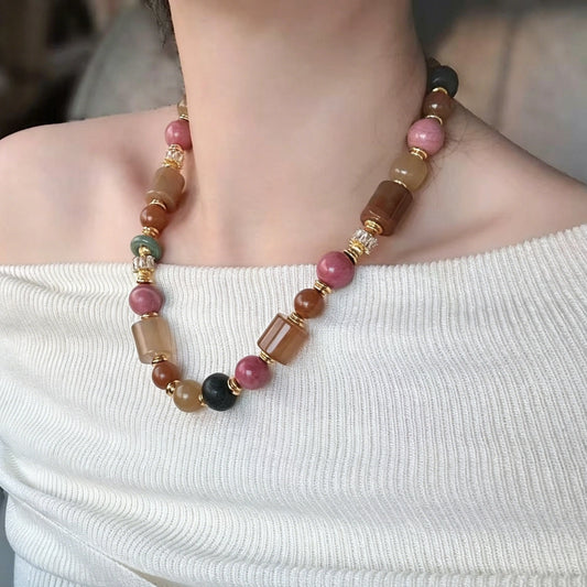 Vintage Agate and Rhodonite Empowering Necklace Handcrafted Multi Gemstone Jewelry for Modern Women Confidence
