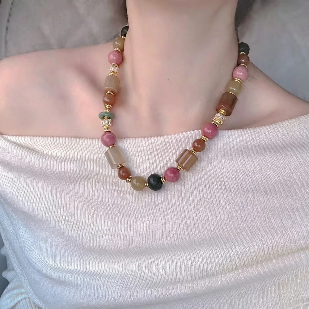 Vintage Agate and Rhodonite Empowering Necklace Handcrafted Multi Gemstone Jewelry for Modern Women Confidence