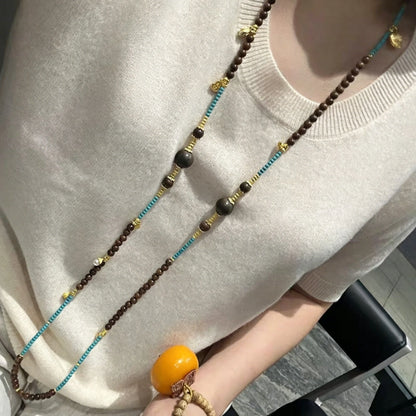 Vintage Sandalwood Ping An Kou Long Necklace for Women Meditation Healing Beaded Jewelry Empowering Serenity