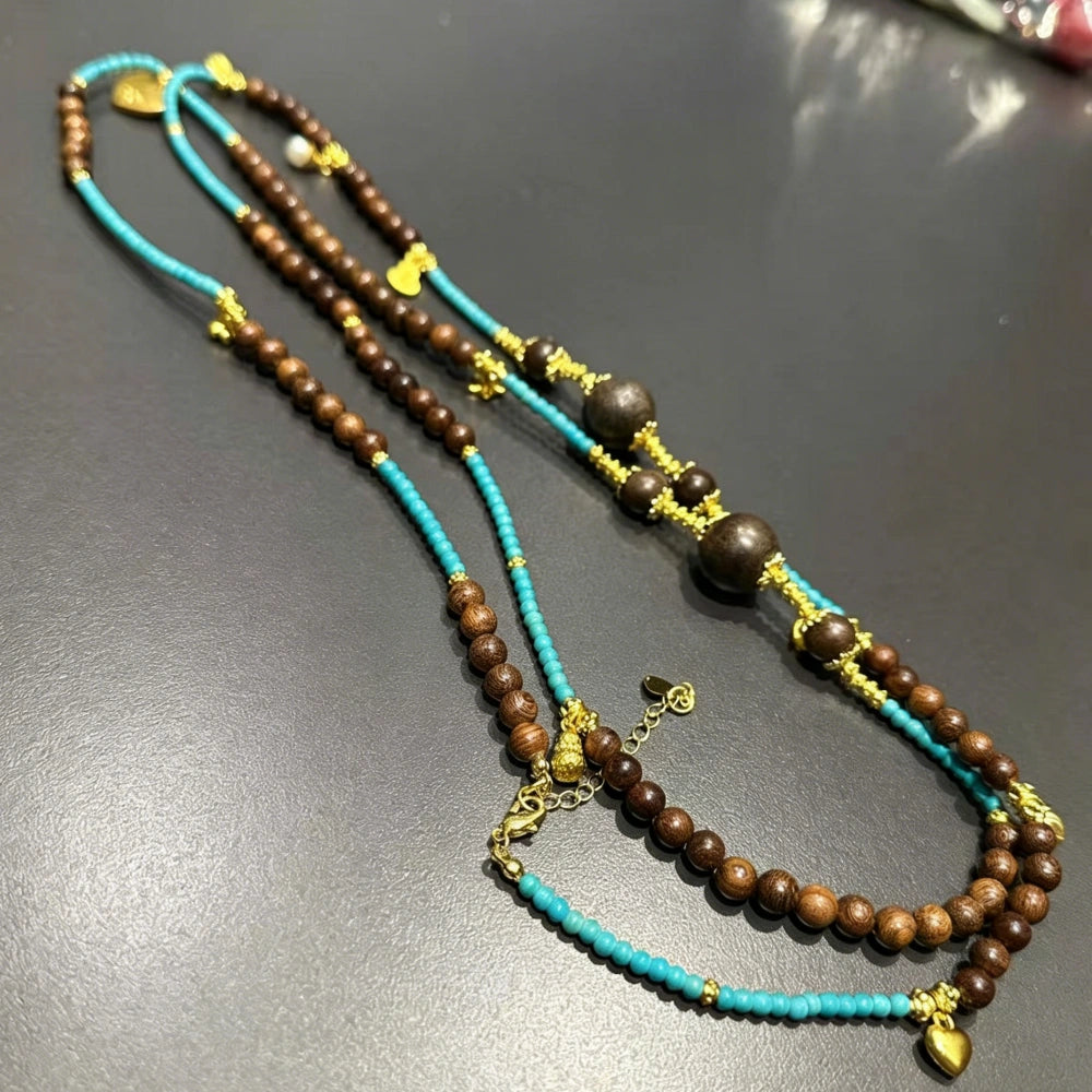 Vintage Sandalwood Ping An Kou Long Necklace for Women Meditation Healing Beaded Jewelry Empowering Serenity