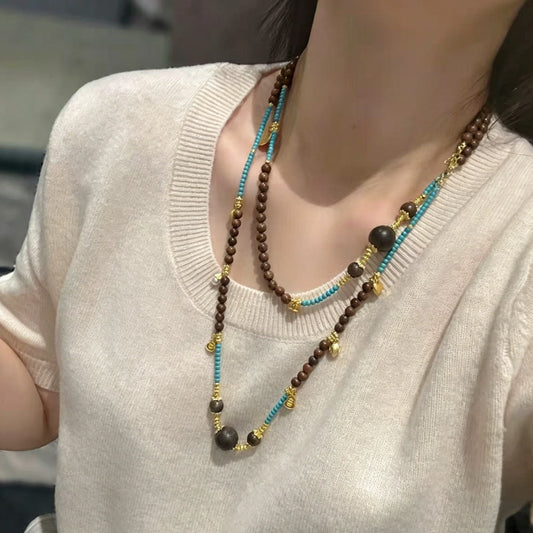 Vintage Sandalwood Ping An Kou Long Necklace for Women Meditation Healing Beaded Jewelry Empowering Serenity