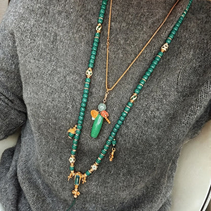 Handmade Tibetan Style Emerald Green Beaded Long Necklace for Female Empowerment and Inner Balance