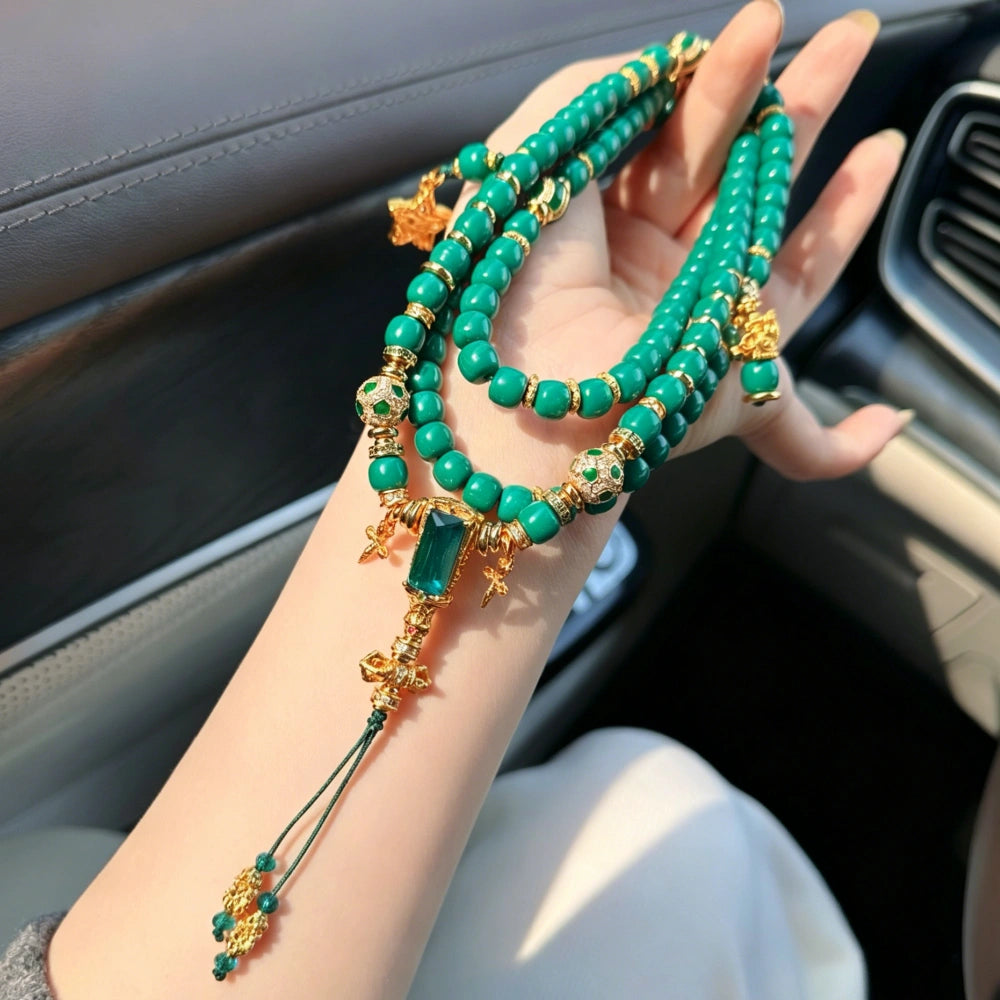 Handmade Tibetan Style Emerald Green Beaded Long Necklace for Female Empowerment and Inner Balance