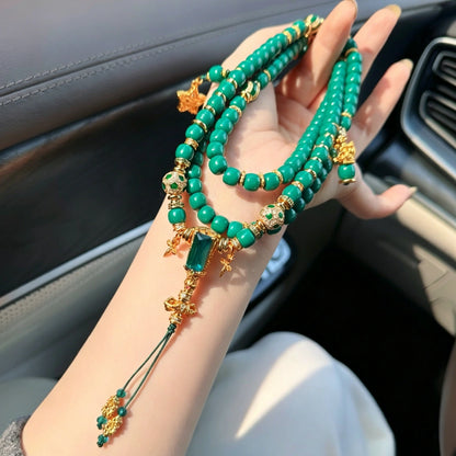 Handmade Tibetan Style Emerald Green Beaded Long Necklace for Female Empowerment and Inner Balance