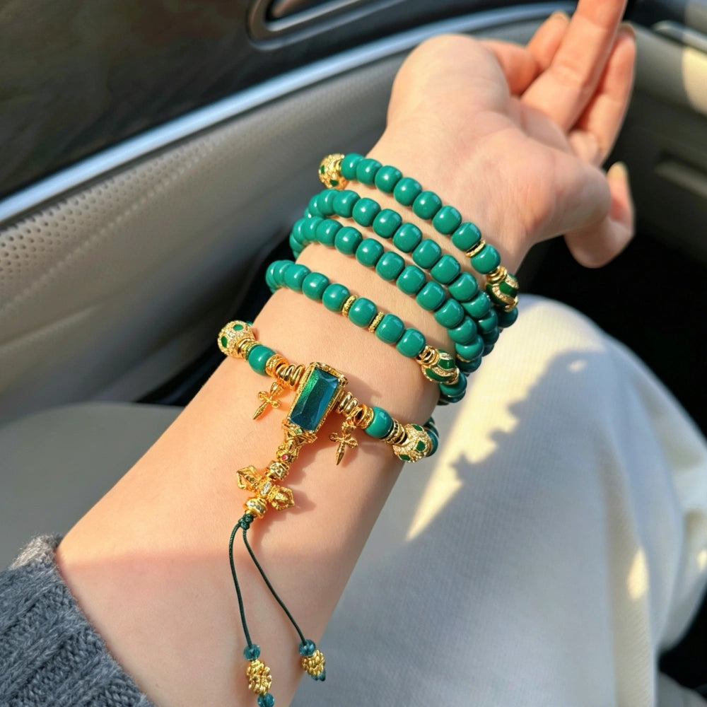 Handmade Tibetan Style Emerald Green Beaded Long Necklace for Female Empowerment and Inner Balance