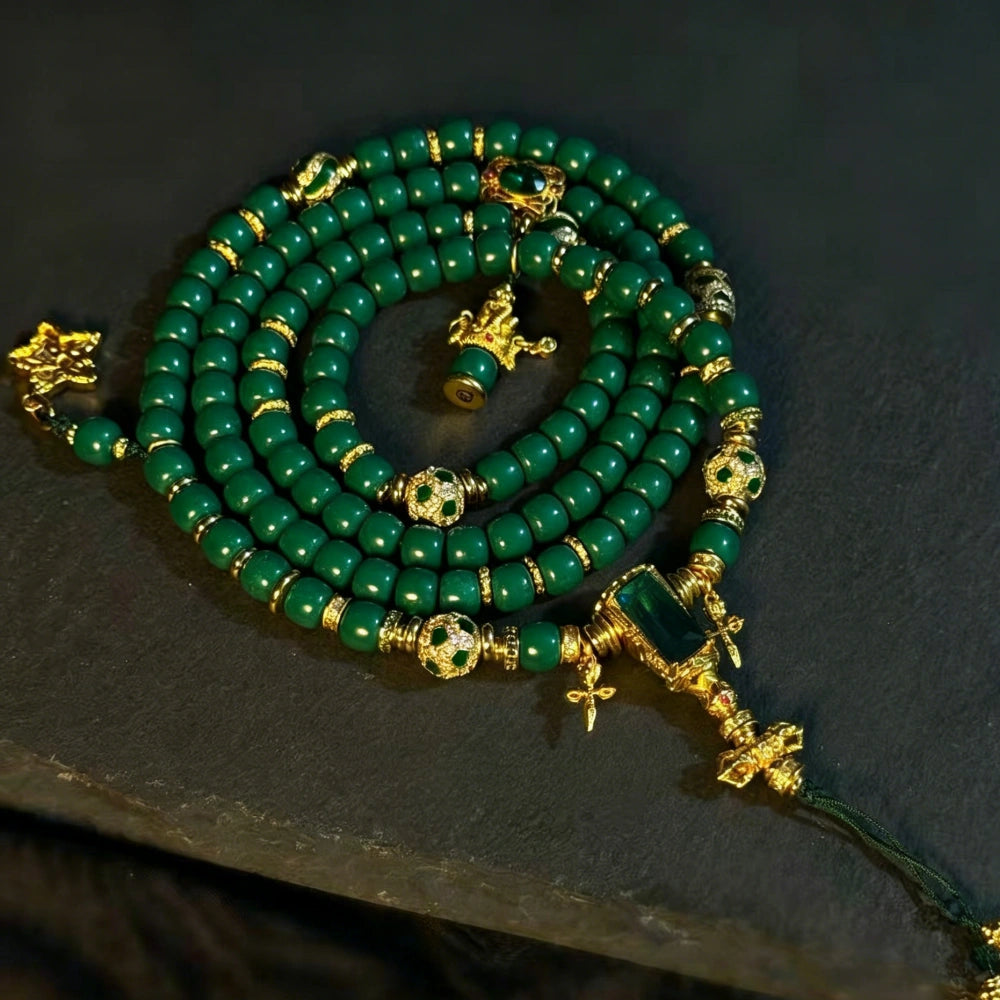 Handmade Tibetan Style Emerald Green Beaded Long Necklace for Female Empowerment and Inner Balance