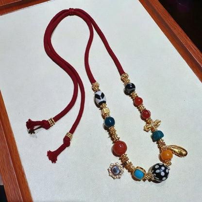 Mulstio Vintage Multi-Gemstone Necklace Black Strawberry Quartz Empowering Ethnic Jewelry