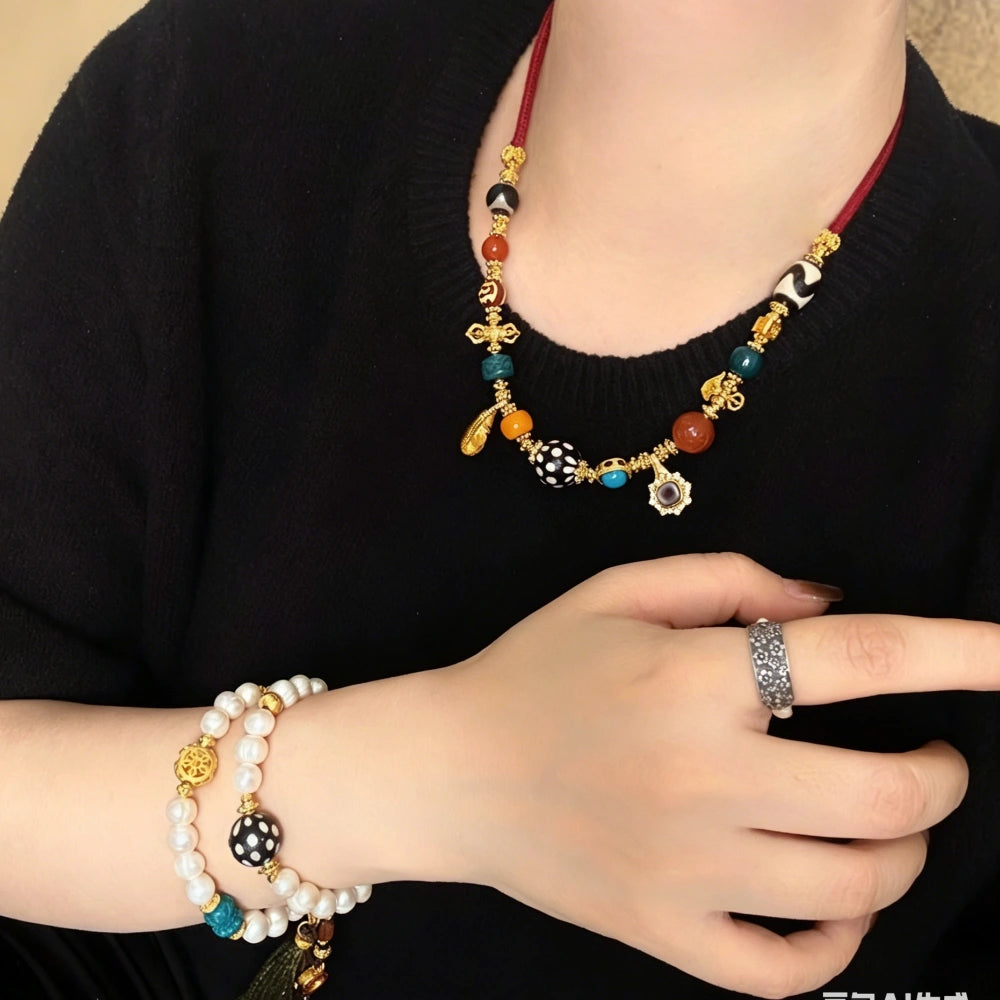 Mulstio Vintage Multi-Gemstone Necklace Black Strawberry Quartz Empowering Ethnic Jewelry