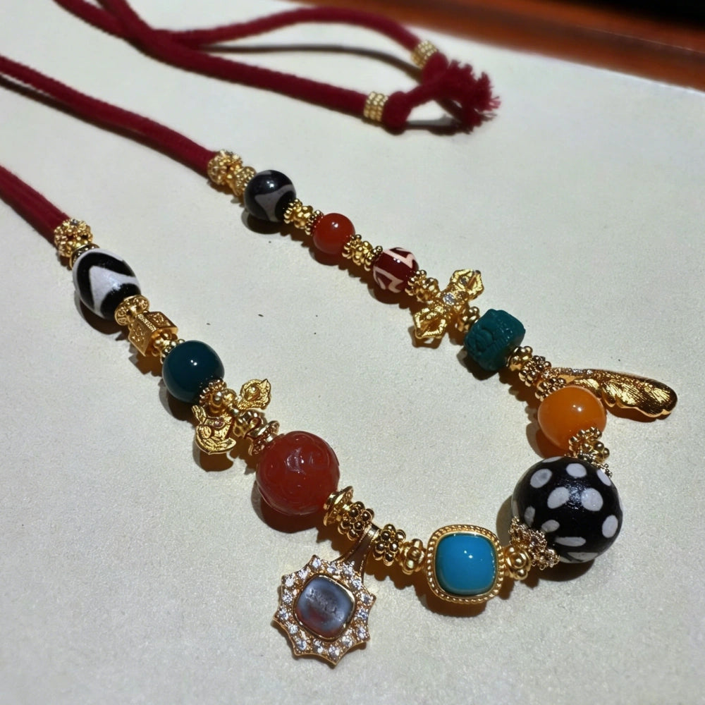 Mulstio Vintage Multi-Gemstone Necklace Black Strawberry Quartz Empowering Ethnic Jewelry
