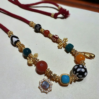 Mulstio Vintage Multi-Gemstone Necklace Black Strawberry Quartz Empowering Ethnic Jewelry