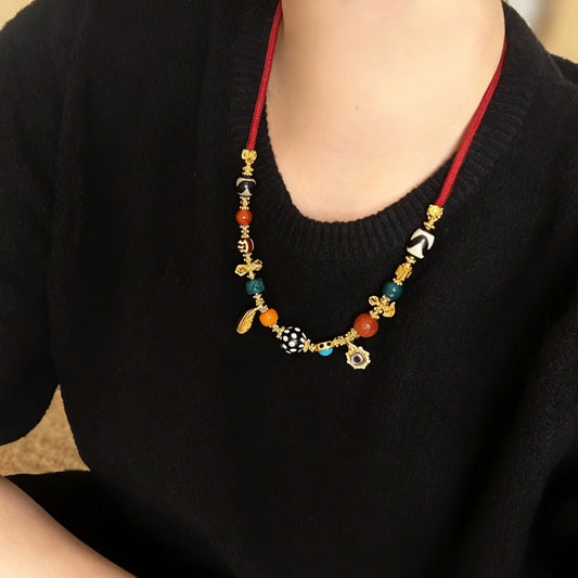 Mulstio Vintage Multi-Gemstone Necklace Black Strawberry Quartz Empowering Ethnic Jewelry