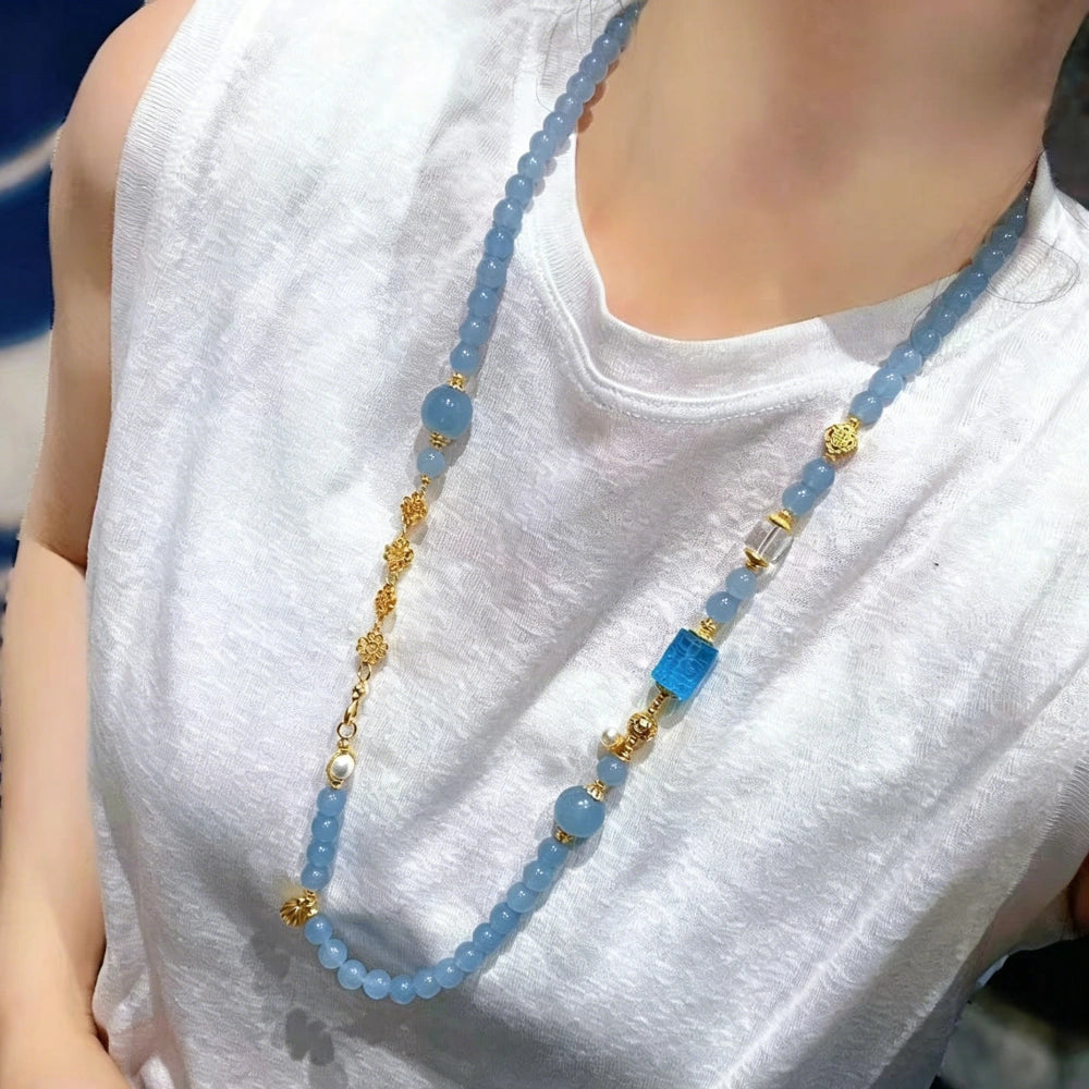 Vintage Sky Blue Chalcedony Beaded Necklace for Women Spiritual Empowerment Healing Jewelry