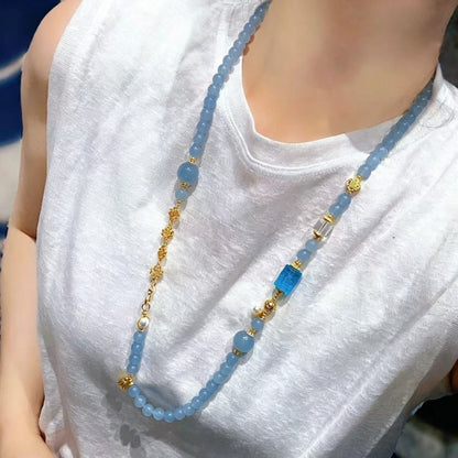 Vintage Sky Blue Chalcedony Beaded Necklace for Women Spiritual Empowerment Healing Jewelry