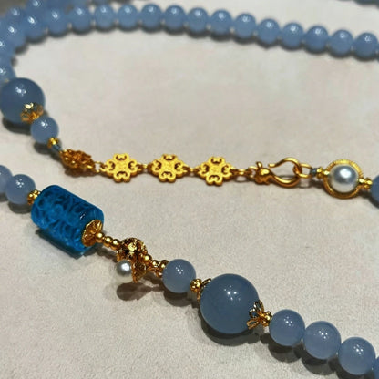 Vintage Sky Blue Chalcedony Beaded Necklace for Women Spiritual Empowerment Healing Jewelry
