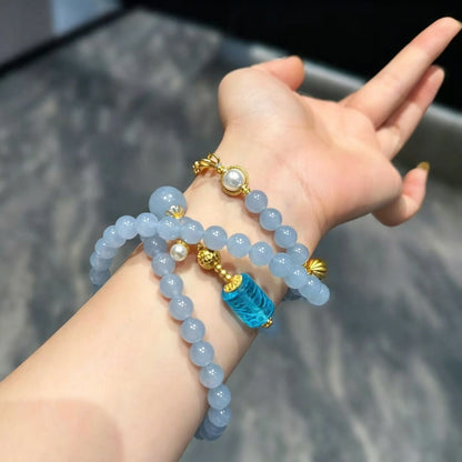 Vintage Sky Blue Chalcedony Beaded Necklace for Women Spiritual Empowerment Healing Jewelry