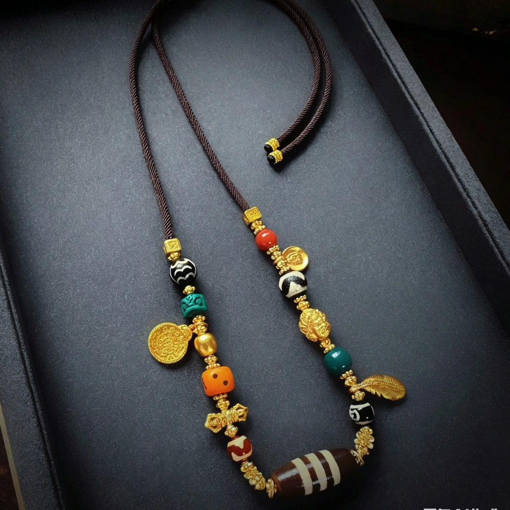 Mulstio Three Line Dzi Bead Necklace Vintage Tibetan Agate Amulet for Inner Balance and Prosperity