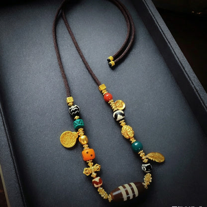 Mulstio Three Line Dzi Bead Necklace Vintage Tibetan Agate Amulet for Inner Balance and Prosperity