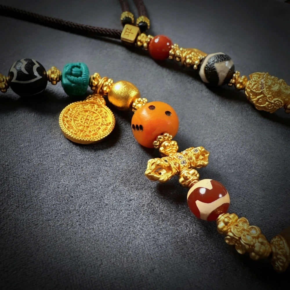 Mulstio Three Line Dzi Bead Necklace Vintage Tibetan Agate Amulet for Inner Balance and Prosperity