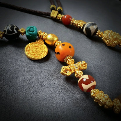 Mulstio Three Line Dzi Bead Necklace Vintage Tibetan Agate Amulet for Inner Balance and Prosperity