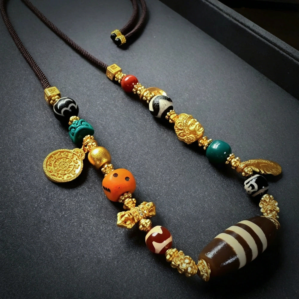 Mulstio Three Line Dzi Bead Necklace Vintage Tibetan Agate Amulet for Inner Balance and Prosperity