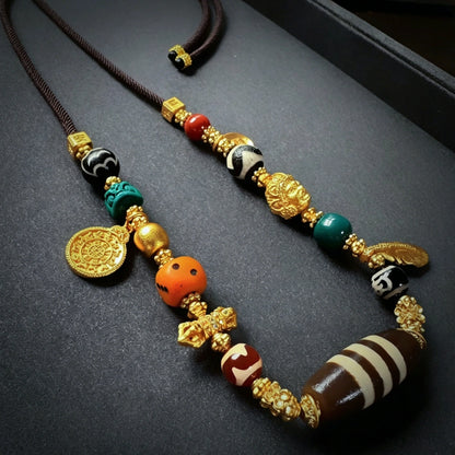 Mulstio Three Line Dzi Bead Necklace Vintage Tibetan Agate Amulet for Inner Balance and Prosperity