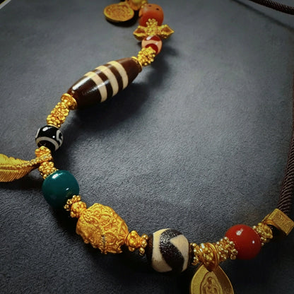 Mulstio Three Line Dzi Bead Necklace Vintage Tibetan Agate Amulet for Inner Balance and Prosperity