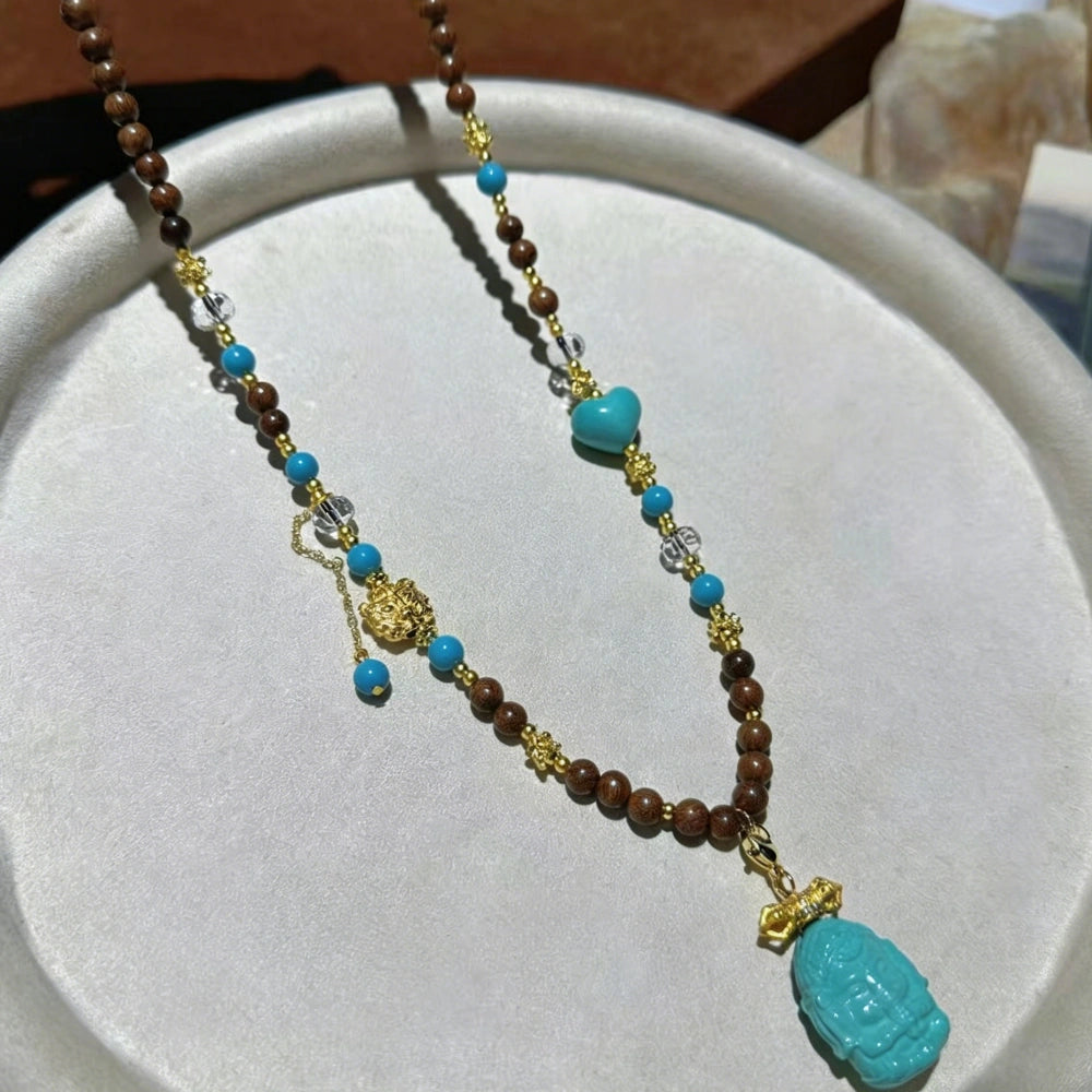 Mulstio Lord Ganesha Magnesite Turquoise and Sandalwood Empowerment Necklace for Inner Peace