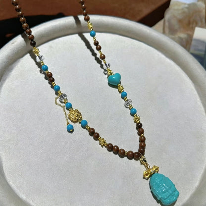 Mulstio Lord Ganesha Magnesite Turquoise and Sandalwood Empowerment Necklace for Inner Peace