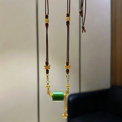 Modern Oriental Green Barrel Bead Necklace Handwoven Cord for Women Empowerment Prosperity Jewelry