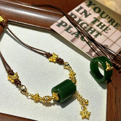 Modern Oriental Green Barrel Bead Necklace Handwoven Cord for Women Empowerment Prosperity Jewelry