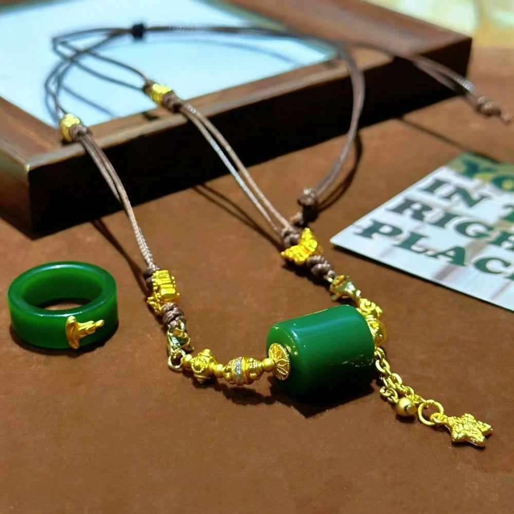 Modern Oriental Green Barrel Bead Necklace Handwoven Cord for Women Empowerment Prosperity Jewelry